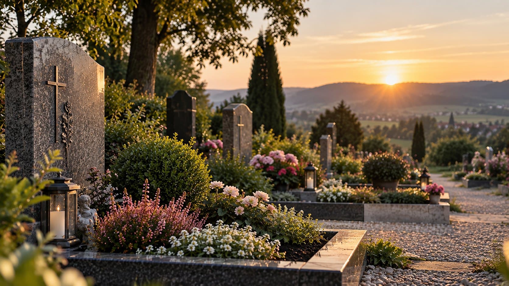 Gepflegte Gräber mit Blumen, Grablichtern und Grabsteinen im warmen Abendlicht
